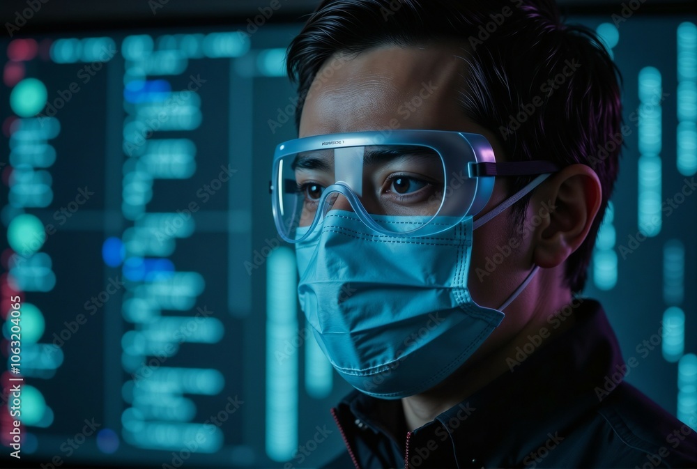 Poster a man in a mask and goggles is gazing at a computer screen