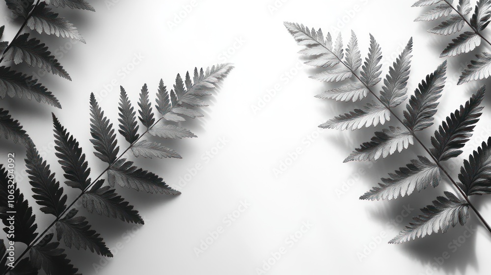 Poster the shadows of fern leaves overlapping a white background, clearly emphasizing the details of the le