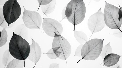 The overlay of translucent leaves in black and white tones creates a natural and delicate pattern