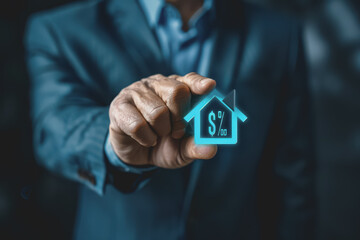 Interest rates and dividends, businessman holding arrow and percentage icon with investment graph.