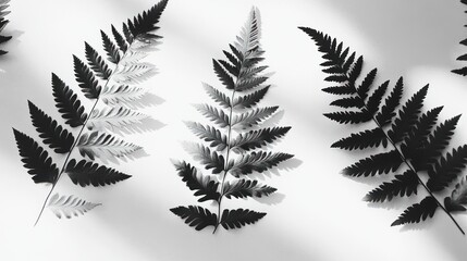 The shadows of fern leaves overlapping a white background, clearly emphasizing the details of the leaf pattern.