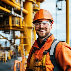 Smiling engineer at an oil rig, wearing protective gear 16:9 --v 6.1 Job ID: ef5ec81d-44d0-48b3-8e3b-1e4f3b32ff46