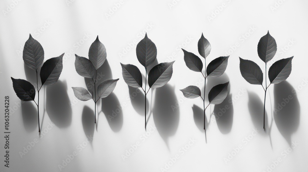Poster the shadows of leaves are arranged neatly on a clean white background, creating a simple and minimal