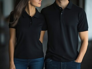 Man In Black Polo Shirt Standing Beside Woman In Black Polo Shirt