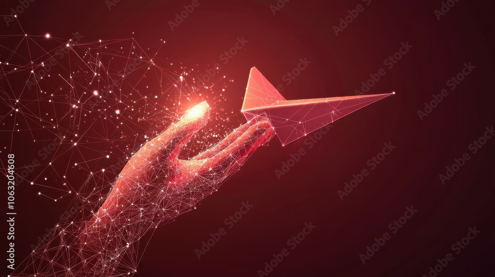 Poster abstract digital close-up hand holding paper airplane on technology red background. launching a pape