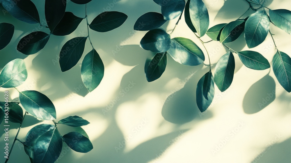 Poster the shadows of various leaves overlap on a smooth background. the light shines through, creating a n