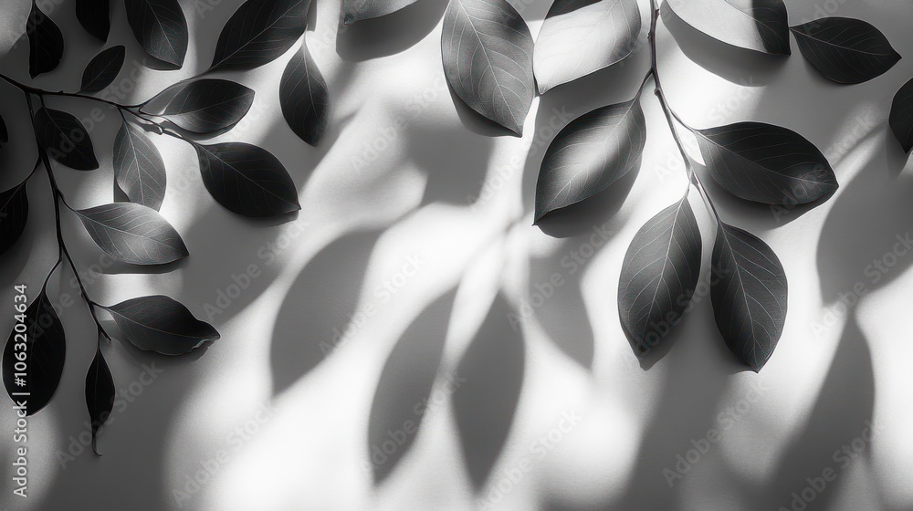 Poster the shadows of various leaves overlap on a smooth background. the light shines through, creating a n