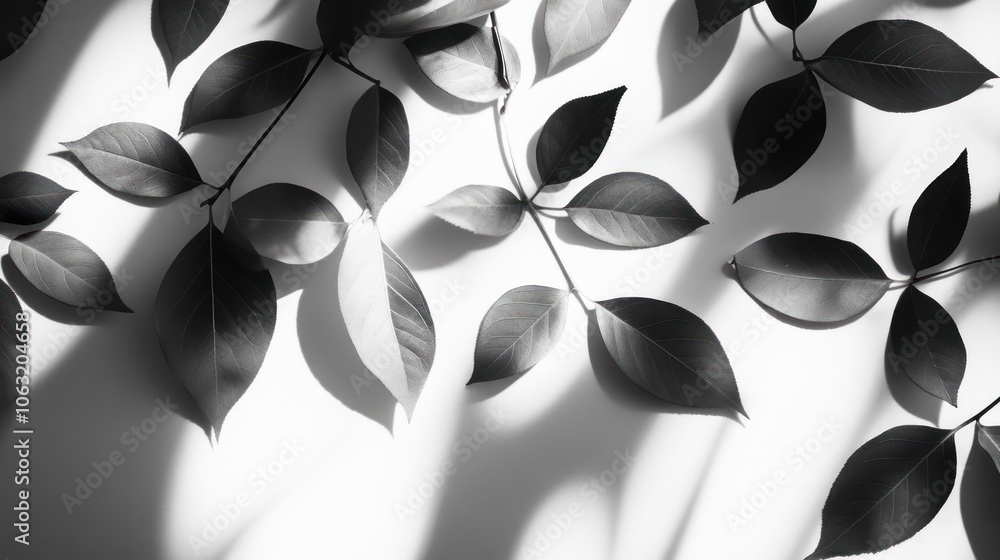 Poster the shadows of various leaves overlap on a smooth background. the light shines through, creating a n