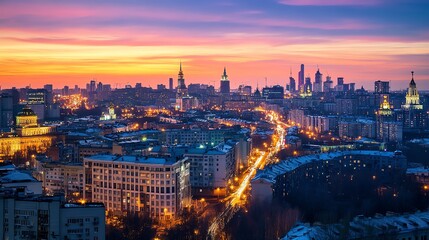Obraz premium Aerial view of a city skyline at dusk with vibrant pink and orange sky.