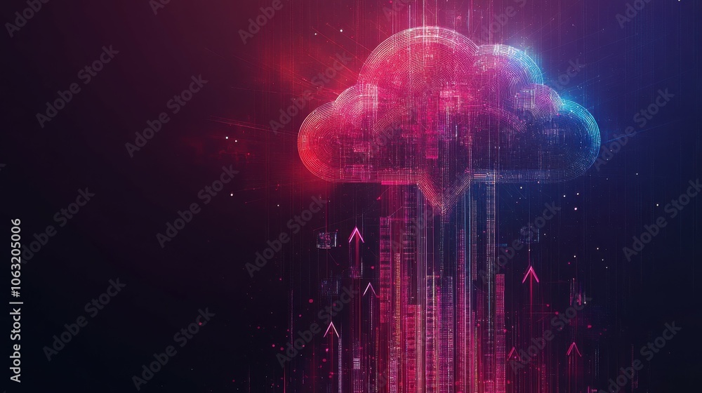 Aufkleber abstract digital cloud with arrows up and down and dollar coins tower. cloud mining or digital inves