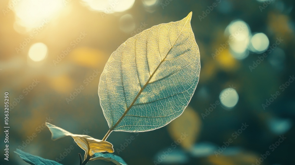 Poster transparent leaf in focus, highlighted by natural sunlight, creating a minimal and calming backdrop