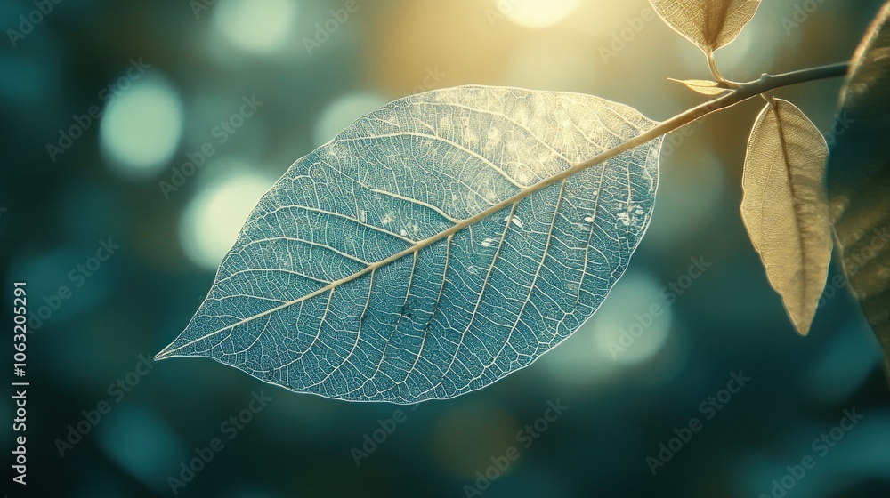 Poster transparent leaf in focus, highlighted by natural sunlight, creating a minimal and calming backdrop