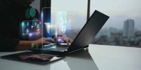 live video content online streaming marketing concept.close-up of business man using laptop