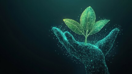 Abstract Digital Hands Protect a Sprout. The Human Covers the Plant with His Palms. Low Poly Wireframe Vector Illustration with 3D Effect. Conservationists Protect the Growing Tree.