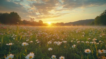 Wide shot of a tranquil spring meadow at dawn, with mist rising from the grass and flowers, creating a magical, film-like atmosphere
