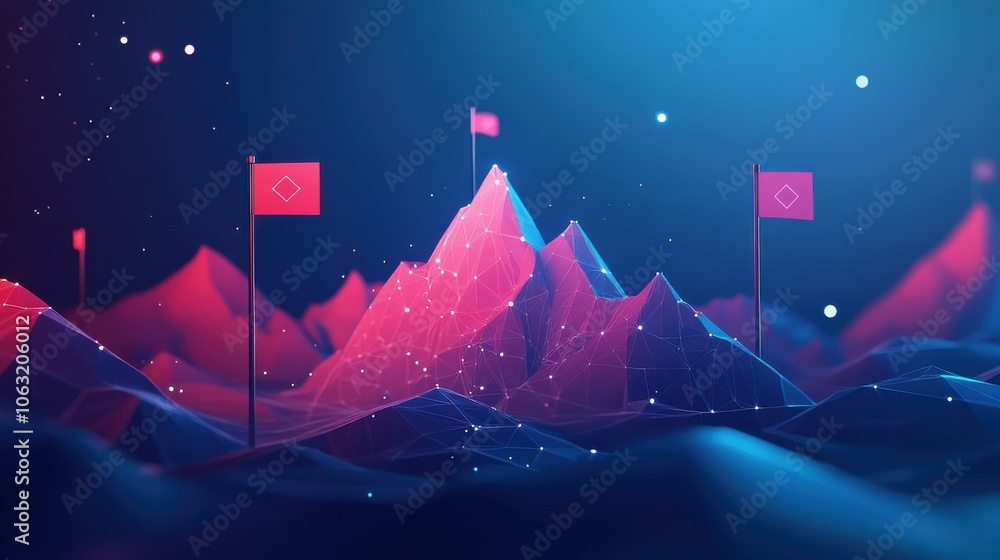 Poster abstract digital mountains range with flags in a futuristic low poly style. path to success and busi
