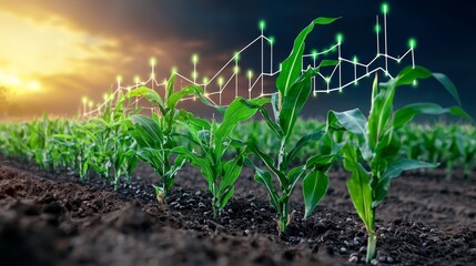 Envisioning Prosperity: Digital Corn Market Growth Chart Illuminated on Screen Amidst Lush Cornfield Landscape