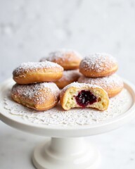 A plate of golden donuts dusted with powdered sugar, one revealing a rich, fruity jam filling.