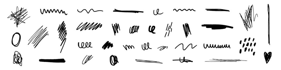 Obraz premium Vector set of grunge graphic elements. Street art texture hand drawn pencil underlines and strikethrough, scribble emphasis lines, punk hatches, ovals, backgrounds. Set of chalk strokes
