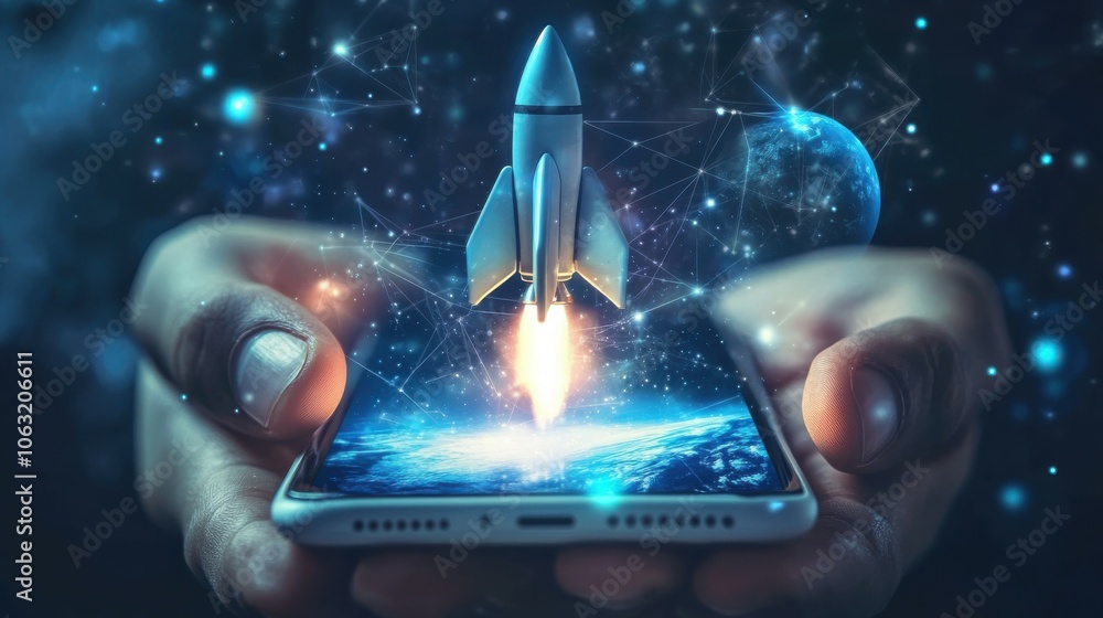 Poster abstract digital rocket launch from a smartphone screen. hand-holding cell phone with launching spac