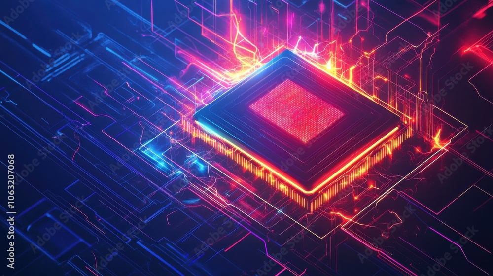 Poster abstract digital technology background. isometric ai chip with ai hologram with circuit tech bg. con