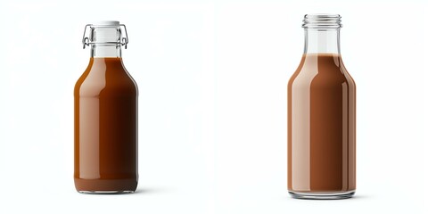 Glass bottle filled with rich brown liquid, isolated on white background.