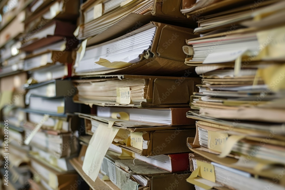 Poster stack of old files with sticky notes accumulating dust in an office