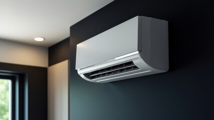 Ceiling-mounted split-type air conditioning unit with parts of an home ac system, showing airflow against a black background