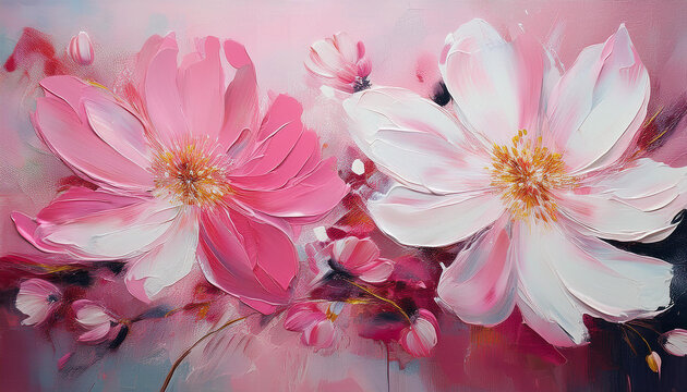 Abstract oil painting of pink and white flowers. Floral art. Beautiful nature. Hand drawn - Powered by Adobe