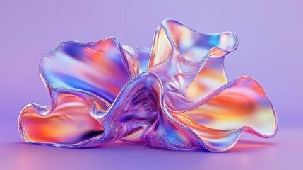 Obraz premium Abstract fluid holographic shape, chromatic liquid with gradient iridescent texture, flowing composition in form flower or colorful explosion, glossy sculpture isolated on purple background