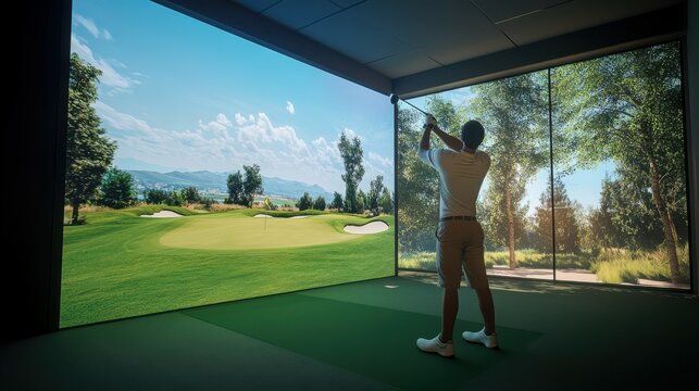 Experience a cutting-edge indoor golf simulator designed for year-round practice in a dedicated environment, featuring a realistic virtual course on a large screen &ETH;&iexcl;&ETH;&ordm;&Ntilde;&euro;&Ntilde;&lsaquo;&Ntilde;&sbquo;&Ntilde;&OElig;