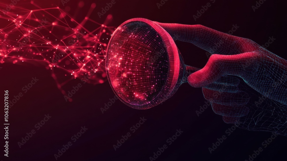 Poster abstract funnel with data stream and hand with magnifying on dark red background. data analysis conc