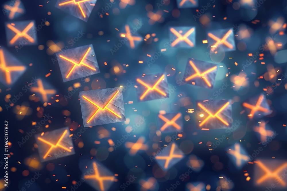 Poster envelopes with glowing x marks are floating in digital space