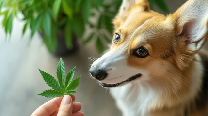 Obraz premium Corgi dog curiously looking at cannabis leaf held by human hand indoors. Dog shows interest in hemp plant, playfulness.