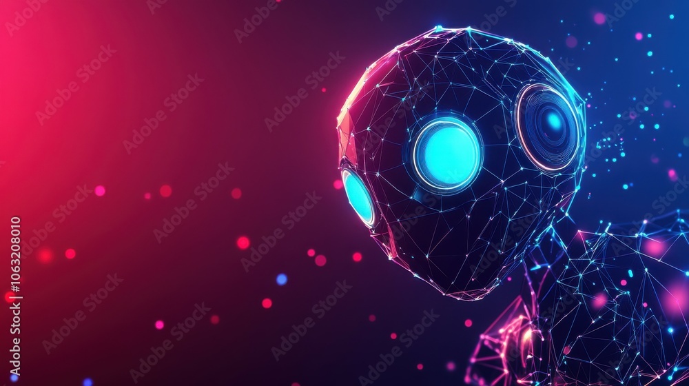 Poster abstract digital ai robot with neon eyes on dark redtechnology background. 3d low poly wireframe cha