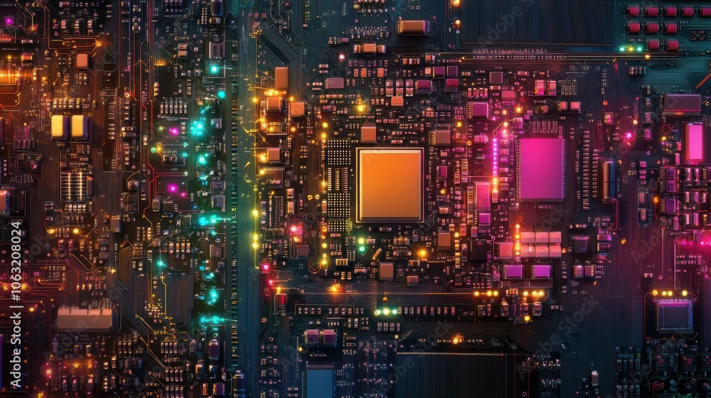 Poster explore the intricate details of microchip circuitry illuminated by vibrant colors, revealing the pr