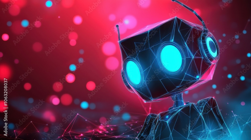 Aufkleber abstract digital ai robot with neon eyes on dark redtechnology background. 3d low poly wireframe cha