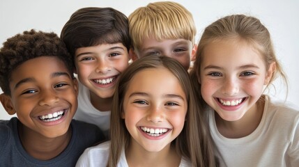 A group of five cute boys and girls from different ethnic backgrounds smiling brightly, showing healthy white teeth as they pose for the camera Isolated on white background