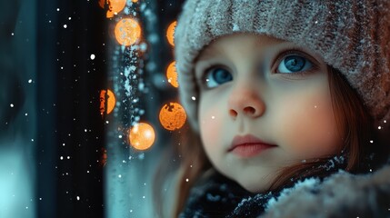 Child's expression of wonder as they peer out the window at freshly fallen snow, with Christmas lights reflecting in the glass. 4K hyperrealistic photo.