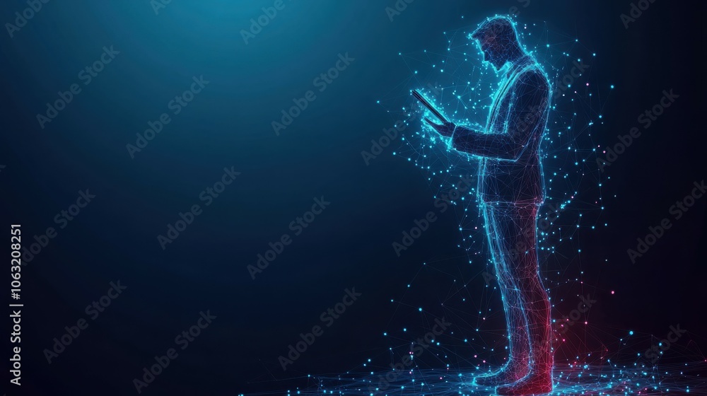 Poster abstract digital businessman with tablet uses chatbot app. concept of artificial intelligence and te