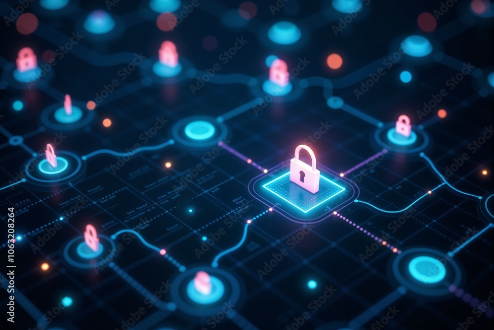 Poster a computer monitor displaying a padlock symbol in the center of a network