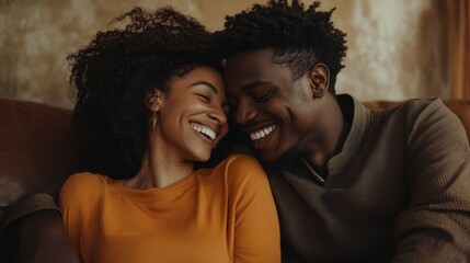 Black couple, laughing and love on sofa at house for funny relationship, bonding and commitment together. Smile, people and embrace for partner support, communication and comic joke of loyalty trust
