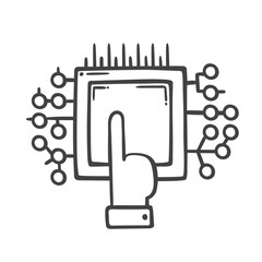 Finger touching AI chip line icon. Outline hand drawn human hand and processor interaction. Artificial intelligence mascot, sketch of user and AI virtual assistant touch icon vector illustration