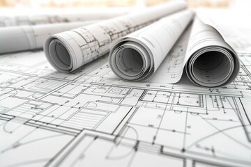 Architectural project showing blueprints lying on table with rolled blueprints