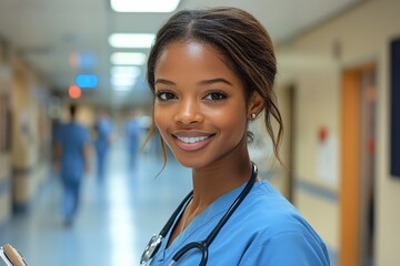 Fototapeta premium Smiling nurse in a bright hospital. Generative AI