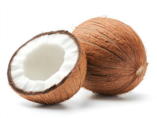 A whole coconut with a smooth brown exterior placed next to a half coconut revealing the white interior Isolated on white background