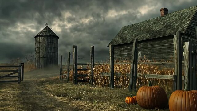 A weathered wooden silo and barn stand in an overgrown field as a lightning bolt strikes the sky