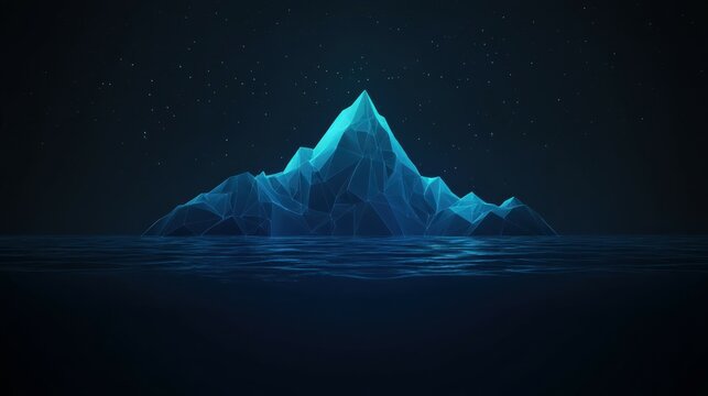 Abstract digital iceberg. Water surface on a dark night background. Ice underwater and mountain. Technology low poly wireframe glacier in the ocean. Polygonal geometric vector illustration. Tech bg.