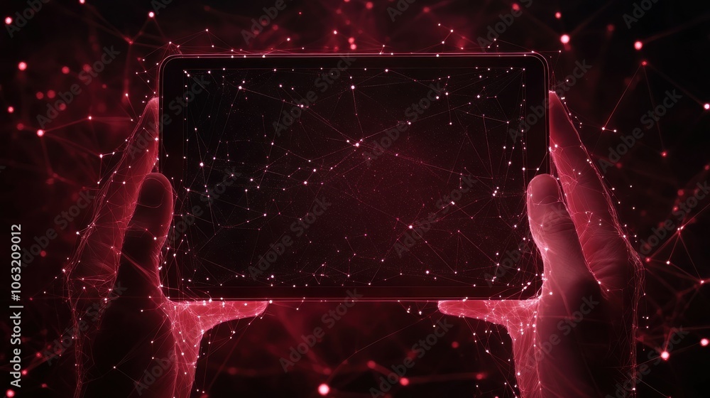Poster abstract digital hands-holding tablet with empty screen. close up modern device in hands. first pers