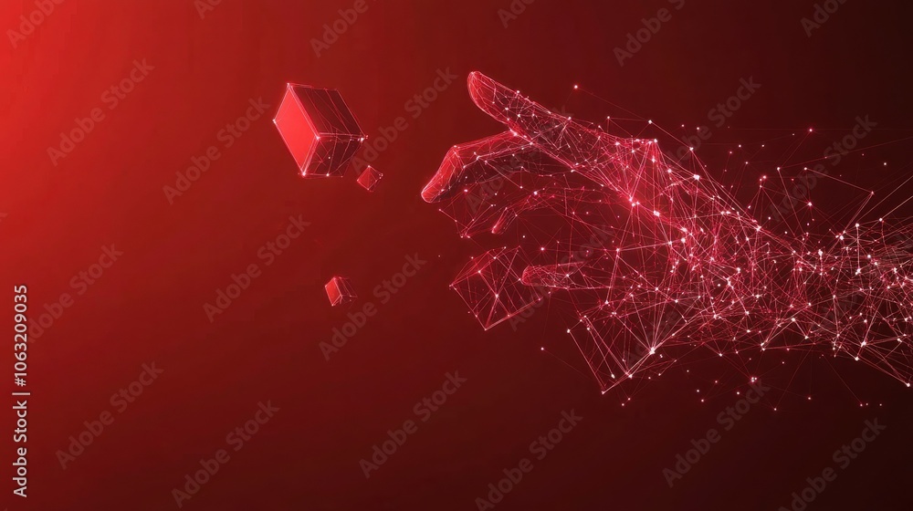 Poster abstract hand touching on blockchain digital icon. a futuristic human finger clicks on linked cubes.
